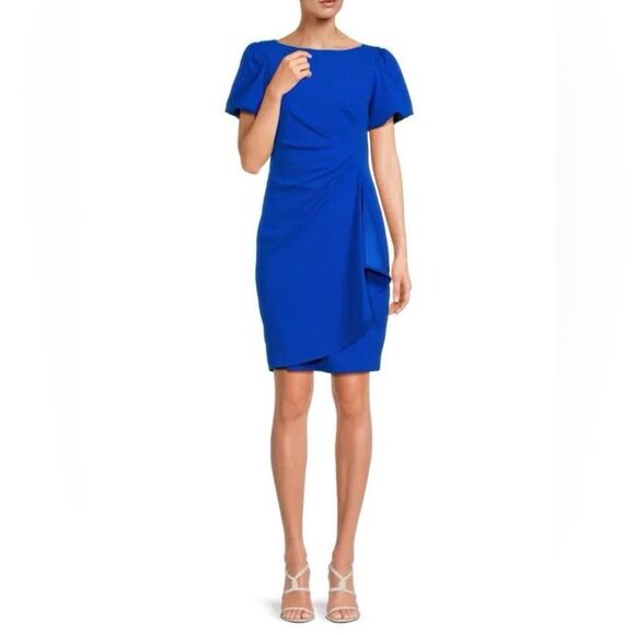 DKNY Ruched Bubble Sleeve Mini Sheath Boatneck Dress Size 4P Cobalt Blue NEW - Picture 16 of 16